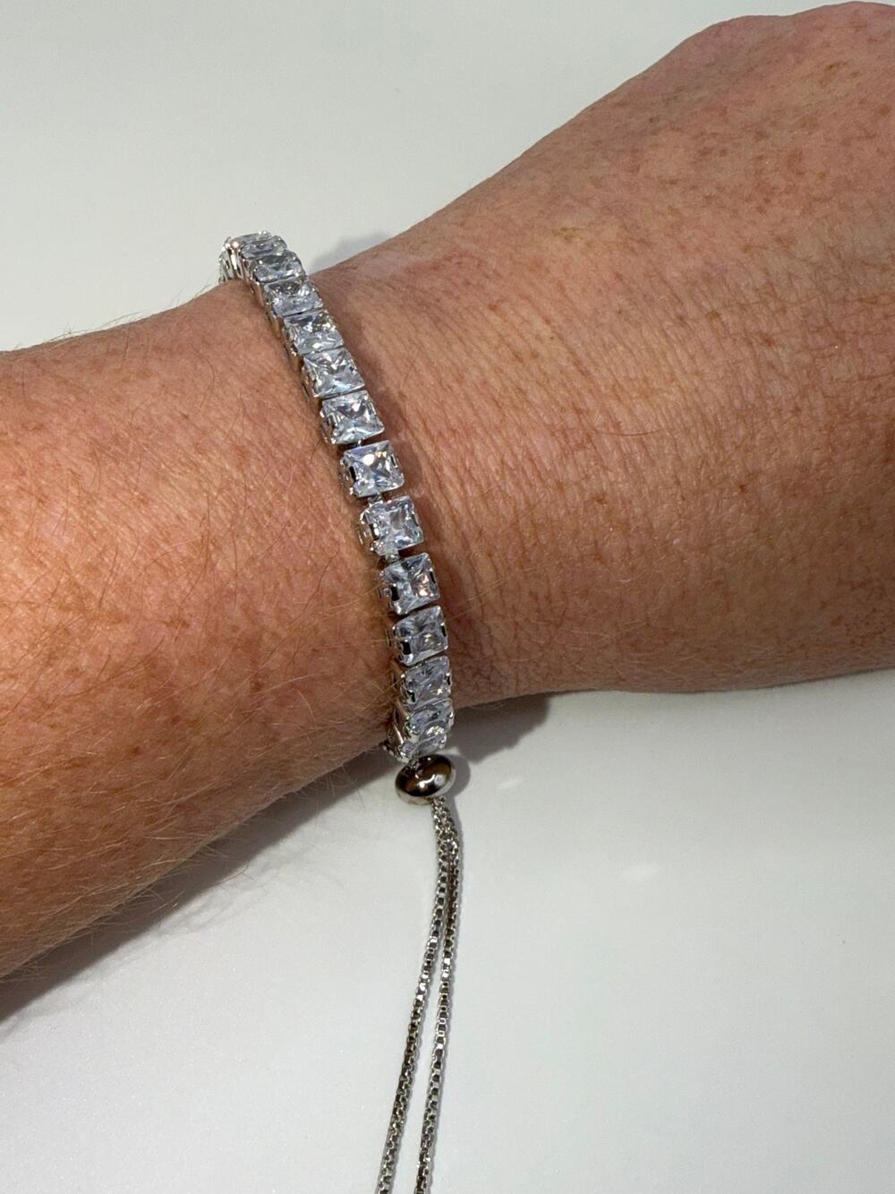 Silver Swarovski Crystal Princess Cut Tennis Bracelet Adjustable Bolo NIP